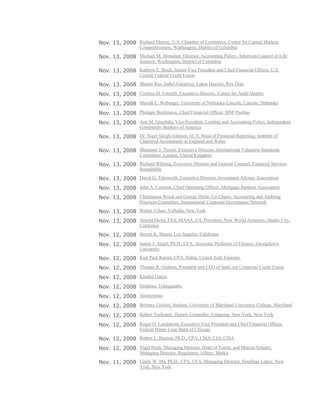 Nov. 13, 2008 Richard Murray, U.S. Chamber of Commerce, Center for Capital Markets
Competitiveness, Washington, District of Columbia
Nov. 13, 2008 Michael M. Monahan, Director, Accounting Policy, American Council of Life
Insurers, Washington, District of Columbia
Nov. 13, 2008 Kathryn E. Brick, Senior Vice President and Chief Financial Officer, U.S.
Central Federal Credit Union
Nov. 13, 2008 Sharon Raz, Isabel Gutierrez, Lukas Huesler, Roy Dias
Nov. 13, 2008 Cynthia M. Fornelli, Executive Director, Center for Audit Quality
Nov. 13, 2008 Mariah C. Webinger, University of Nebraska-Lincoln, Lincoln, Nebraska
Nov. 13, 2008 Philippe Bordenave, Chief Financial Officer, BNP Paribas
Nov. 13, 2008 Ann M. Grochala, Vice President, Lending and Accounting Policy, Independent
Community Bankers of America
Nov. 13, 2008 Dr. Nigel Sleigh-Johnson ACA, Head of Financial Reporting, Institute of
Chartered Accountants in England and Wales
Nov. 13, 2008 Marianne J. Tissier, Executive Director, International Valuation Standards
Committee, London, United Kingdom
Nov. 13, 2008 Richard Whiting, Executive Director and General Counsel, Financial Services
Roundtable
Nov. 13, 2008 David G. Tittsworth, Executive Director, Investment Adviser Association
Nov. 13, 2008 John A. Courson, Chief Operating Officer, Mortgage Bankers Association
Nov. 13, 2008 Christianna Wood and George Diehr, Co-Chairs, Accounting and Auditing
Practices Committee, International Corporate Governance Network
Nov. 13, 2008 Walter Urban, Valhalla, New York
Nov. 13, 2008 Arnold Dicke, FSA, MAAA, EA, President, New World Actuaries, Studio City,
California
Nov. 12, 2008 Steven K. Hazen, Los Angeles, California
Nov. 12, 2008 James J. Angel, Ph.D., CFA, Associate Professor of Finance, Georgetown
University
Nov. 12, 2008 Kurt Paul Ramin, CPA, Dubai, United Arab Emirates
Nov. 12, 2008 Thomas R. Graham, President and CEO of SunCorp Corporate Credit Union
Nov. 12, 2008 Khadid Gueye
Nov. 12, 2008 Delphine Tchingambu
Nov. 12, 2008 Anonymous
Nov. 12, 2008 Brittany Gichini, Student, University of Maryland-University College, Maryland
Nov. 12, 2008 Robert Traficanti, Deputy Controller, Citigroup, New York, New York
Nov. 12, 2008 Roger D. Lundstrom, Executive Vice President and Chief Financial Officer,
Federal Home Loan Bank of Chicago
Nov. 12, 2008 Robert L. Benson, Ph.D., CPA, CMA, CIA, CISA
Nov. 12, 2008 Nigel Hyde, Managing Director, Head of Totem, and Marcus Schuler,
Managing Director, Regulatory Affairs, Markit
Nov. 11, 2008 Cindy W. Ma, Ph.D., CPA, CFA, Managing Director, Houlihan Lokey, New
York, New York
 