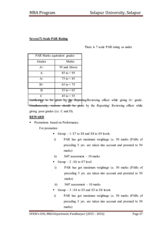 MBA Program Solapur University, Solapur
SVERI’s COE, MBA Department, Pandharpur (2015 – 2016) Page 27
Seven(7) Scale PAR Rating
There is 7 scale PAR rating as under
Justification to be given by the Reporting/Reviewing officer while giving A+ grade.
Simultaneously, reasons should be given by the Reporting/ Reviewing officer while
giving poor grades (i.e. C and D).
REWARD
 Promotions based on Performance.
For promotion
 Group – 1: E7 to E8 and E8 to E9 levels
i) PAR has got maximum weightage i.e. 50 marks (PARs of
preceding 5 yrs. are taken into account and prorated to 50
marks)
ii) 360º assessment – 10 marks
 Group – 2 : E6 to E7 level
i) PAR has got maximum weightage i.e. 50 marks (PARs of
preceding 5 yrs. are taken into account and prorated to 50
marks)
ii) 360º assessment – 10 marks
 Group – 3 : E4 to E5 and E5 to E6 levels
i) PAR has got maximum weightage i.e. 50 marks (PARs of
preceding 5 yrs. are taken into account and prorated to 50
marks)
PAR Marks equivalent grades
Grades Marks
A+ 95 and Above
A 85 to < 95
A- 75 to < 85
B+ 65 to < 75
B 55 to < 65
C 45 to < 55
D < 45
 