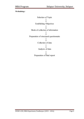 MBA Program Solapur University, Solapur
SVERI’s COE, MBA Department, Pandharpur (2015 – 2016) Page 4
Methodology:
Selection of Topic
Establishing Objectives
Mode of collection of information
Preparation of structured questionnaire
Collection of data
Analysis of data
Preparation of final report
 