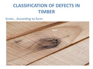 CLASSIFICATION OF DEFECTS IN
TIMBER
Knots , According to form
KNOT
 