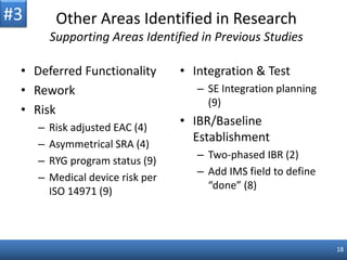 18
Other Areas Identified in Research
Supporting Areas Identified in Previous Studies
• Deferred Functionality
• Rework
• Risk
– Risk adjusted EAC (4)
– Asymmetrical SRA (4)
– RYG program status (9)
– Medical device risk per
ISO 14971 (9)
• Integration & Test
– SE Integration planning
(9)
• IBR/Baseline
Establishment
– Two-phased IBR (2)
– Add IMS field to define
“done” (8)
#3
 