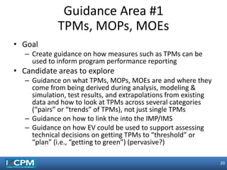20
20
• Goal
– Create guidance on how measures such as TPMs can be
used to inform program performance reporting
• Candidate areas to explore
– Guidance on what TPMs, MOPs, MOEs are and where they
come from being derived during analysis, modeling &
simulation, test results, and extrapolations from existing
data and how to look at TPMs across several categories
(“pairs” or “trends” of TPMs), not just single TPMs
– Guidance on how to link the into the IMP/IMS
– Guidance on how EV could be used to support assessing
technical decisions on getting TPMs to “threshold” or
“plan” (i.e., “getting to green”) (pervasive?)
Guidance Area #1
TPMs, MOPs, MOEs
 