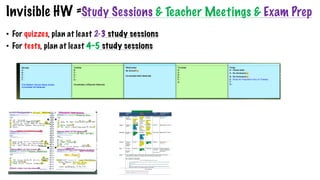Invisible HW =Study Sessions & Teacher Meetings & Exam Prep
• For quizzes, plan at least 2-3 study sessions
• For tests, plan at least 4-5 study sessions
 