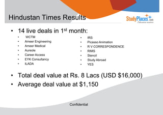 Hindustan Times Results
• 14 live deals in 1st month:
•
•
•
•
•
•
•

WCTM
Ameer Engineering
Ameer Medical
Aureole
Career Access
EYK Consultancy
ILADA

•
•
•
•
•
•
•

IRS
Picasso Animation
R V CORRESPONDENCE
RIMS
Stencil
Study Abroad
YES

• Total deal value at Rs. 8 Lacs (USD $16,000)
• Average deal value at $1,150

Confidential

 
