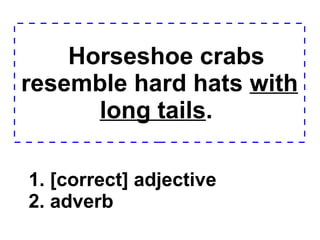 Horseshoe crabs resemble hard hats  with long tails .  1. [correct] adjective 2. adverb  