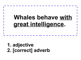 Whales behave  with great intelligence .  1. adjective 2. [correct] adverb  