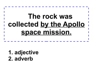 The rock was collected  by the Apollo space mission. 1. adjective 2. adverb  
