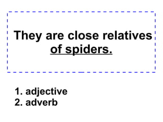 They are close relatives  of spiders. 1. adjective 2. adverb  