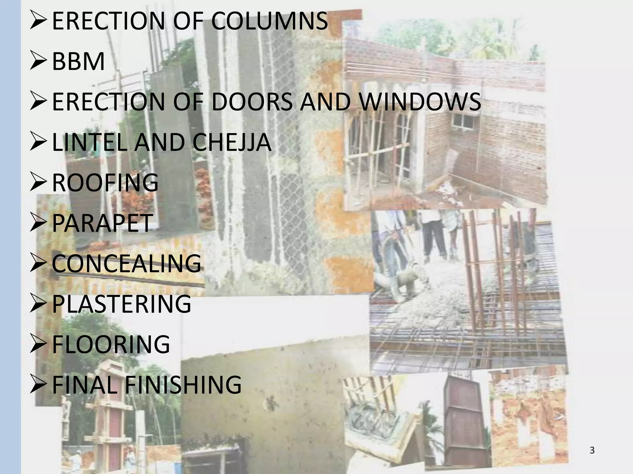 ERECTION OF COLUMNS
BBM
ERECTION OF DOORS AND WINDOWS
LINTEL AND CHEJJA
ROOFING
PARAPET
CONCEALING
PLASTERING
FLOORING
FINAL FINISHING

                                 3
 