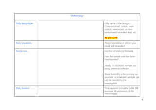 7
Methodology:
Study design/type Only name of the design -
Cross-sectional, cohort, case
control, randomized (or non-
randomized) controlled trial, etc.
As per CTRI
Study population Target population to whom your
result will be applied
Sample size Number of study participants
How the sample size has been
fixed/decided?
Ideally, a calculated sample size
using statistical software
Since feasibility is the primary pre-
requisite, a convenient sample size
can be decided by the
investigators
Study duration Time required in months (after IRB
approval till submission of the
thesis/report)
 