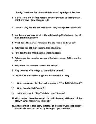 Study Questions for "The Tell-Tale Heart" by Edgar Allan Poe

1. Is this story told in first person, second person, or third person
   point of view? How can you tell?


2.    In what way has the old man previously wronged the narrator?


3. As the story opens, what is the relationship like between the old
   man and the narrator?

4. What does the narrator imagine the old man’s bad eye as?

5. Why has the old man fastened his shutters?

6. How can the old man best be characterized?

7. What does the narrator compare the lantern’s ray falling on the
   eye to?

8. Why does the narrator commit his crime?

9. Why does he wait 8 days to commit his crime?

10. How does the murderer get rid of the victim’s body?


11.   What is an example of sound imagery in “The Tell-Tale Heart”?

12.   What does’tell-tale’ mean?

13.   Is the narrator in “The Tell-Tale Heart” insane?

14. What do you think the narrator is really hearing at the end of the
    story? What makes you think so?

15. Is the conflict in this story external or internal? Could it be both?
    Give evidence from the story to support your answer.
 