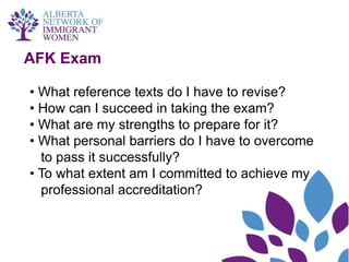 AFK Exam

• What reference texts do I have to revise?
• How can I succeed in taking the exam?
• What are my strengths to prepare for it?
• What personal barriers do I have to overcome
  to pass it successfully?
• To what extent am I committed to achieve my
  professional accreditation?
 
