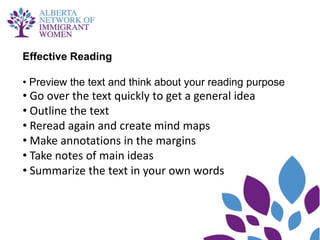 Effective Reading

• Preview the text and think about your reading purpose
• Go over the text quickly to get a general idea
• Outline the text
• Reread again and create mind maps
• Make annotations in the margins
• Take notes of main ideas
• Summarize the text in your own words
 