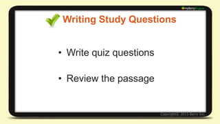 Writing Study Questions 
Dangerous Animals 
The animal kingdom is comprised of millions of species. 
Among these, a large number are considered by people to 
be dangerous to human society. Those deemed dangerous 
are often aggressive or armed with lethal characteristics or 
strength. For example, snakes can be fatally poisonous while 
bears can crush a person with their strength. Whether or not 
dangerous animals pose any threat to society is related to 
the situation. Most of these animals are harmless unless 
they feel threatened. 
 