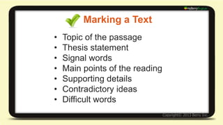 Marking a Text 
Want to enjoy an inexpensive, more intimate 
experience on your next vacation? Then join the 
International Guest House Connection! Our 
distinctive online service puts you in contact 
with people who want you to explore their cities 
and who are willing to accommodate you in 
their homes. By swapping hotels for a 
comfortable house, you'll save money and be 
more at ease. 
 