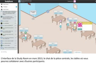 L’interface de la Study Room en mars 2013, le chat de la pièce centrale, les tables où vous
pourrez collaborer avec d’autres participants.
 