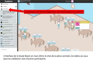 Les groupes de travail (régionaux, par thématique, ou autres)




L’interface de la Study Room en mars 2013, le chat de la pièce centrale, les tables où vous
pourrez collaborer avec d’autres participants.
 