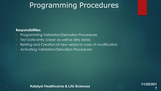 Responsibilities:
• Programming Validation/Derivation Procedures
• Test Data entry (clean as well as dirty data)
• Retiring and Creation of new version in case of modification
• Activating Validation/Derivation Procedures
Programming Procedures
29
11/20/201
7
Katalyst Healthcares & Life Sciences
 