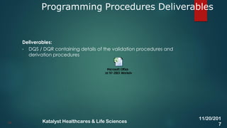 Deliverables:
• DQS / DQR containing details of the validation procedures and
derivation procedures
Programming Procedures Deliverables
34
11/20/201
7
Katalyst Healthcares & Life Sciences
 