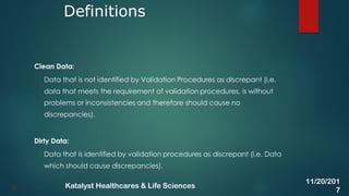 Clean Data:
Data that is not identified by Validation Procedures as discrepant (i.e.
data that meets the requirement of validation procedures, is without
problems or inconsistencies and therefore should cause no
discrepancies).
Dirty Data:
Data that is identified by validation procedures as discrepant (i.e. Data
which should cause discrepancies).
Definitions
37
11/20/201
7
Katalyst Healthcares & Life Sciences
 