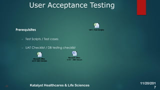 Prerequisites
– Test Scripts / Test cases
– UAT Checklist / DB testing checklist
User Acceptance Testing
38
11/20/201
7
Katalyst Healthcares & Life Sciences
 