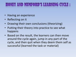 • Having an experience
• Reflecting on it
• Drawing their own conclusions (theorizing)
• Putting their theory into practice to see what
  happens
• Based on the result, the learners can then move
  around the cycle again, jump in any part of the
  cycle, and then quit when they deem them self as
  successful (learned the task or material)
 