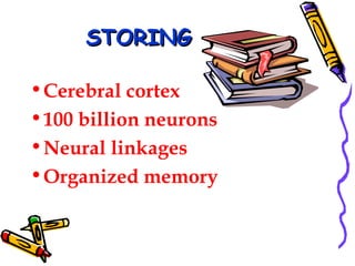 STORING Cerebral cortex 100 billion neurons Neural linkages Organized memory 