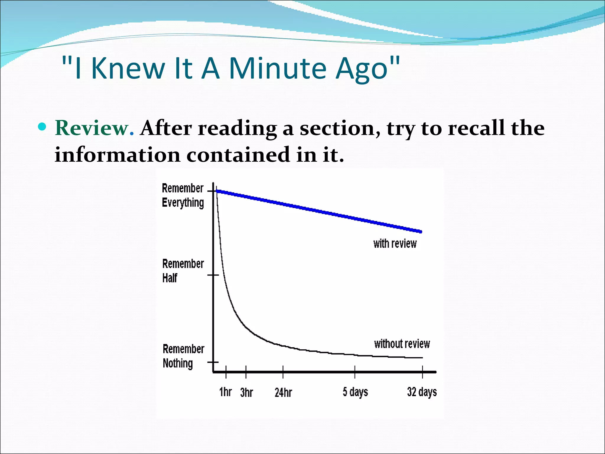&quot;I Knew It A Minute Ago&quot; Review .  After reading a section, try to recall the information contained in it.  
