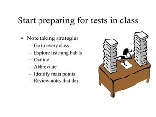 Start preparing for tests in class Note taking strategies Go to every class Explore listening habits  Outline Abbreviate Identify main points Review notes that day 