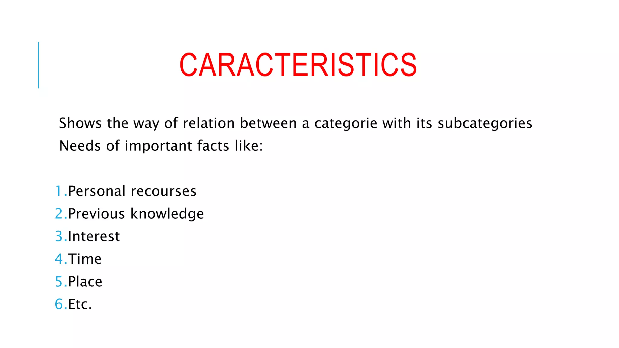 CARACTERISTICS
Shows the way of relation between a categorie with its subcategories
Needs of important facts like:
1.Personal recourses
2.Previous knowledge
3.Interest
4.Time
5.Place
6.Etc.