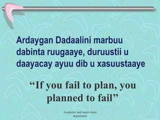 Ardaygan Dadaalini marbuu
dabinta ruugaaye, duruustii u
daayacay ayuu dib u xasuustaaye
Academic and supervision
department
‘‘If you fail to plan, you
planned to fail’’
 