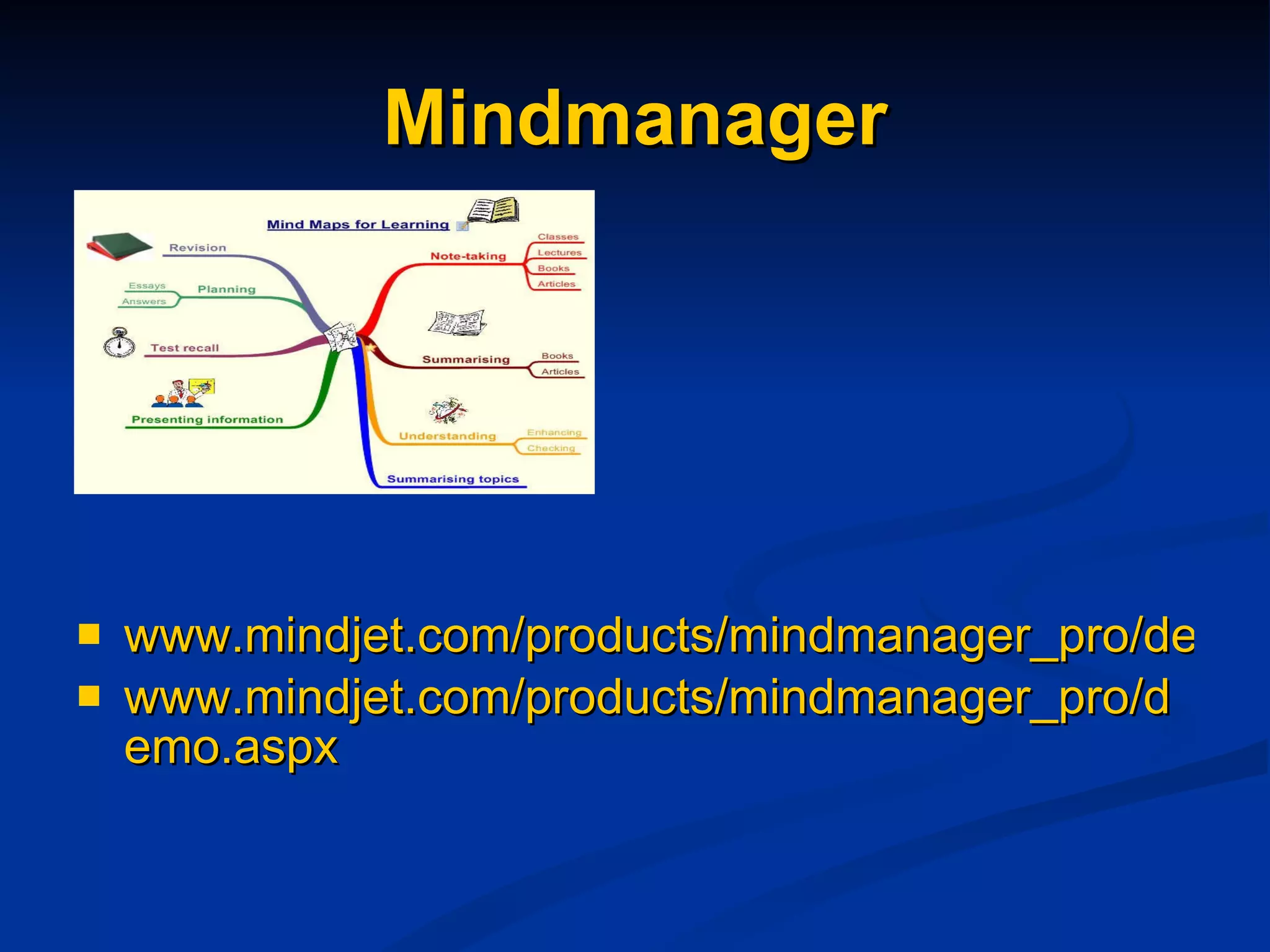 Mindmanager www.mindjet.com/products/mindmanager_pro/demo.aspx www.mindjet.com/products/mindmanager_pro/demo.aspx 