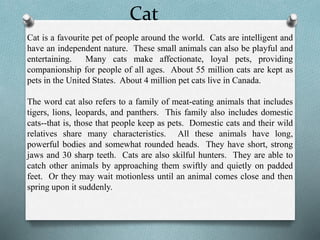 Cat
Cat is a favourite pet of people around the world. Cats are intelligent and
have an independent nature. These small animals can also be playful and
entertaining. Many cats make affectionate, loyal pets, providing
companionship for people of all ages. About 55 million cats are kept as
pets in the United States. About 4 million pet cats live in Canada.
The word cat also refers to a family of meat-eating animals that includes
tigers, lions, leopards, and panthers. This family also includes domestic
cats--that is, those that people keep as pets. Domestic cats and their wild
relatives share many characteristics. All these animals have long,
powerful bodies and somewhat rounded heads. They have short, strong
jaws and 30 sharp teeth. Cats are also skilful hunters. They are able to
catch other animals by approaching them swiftly and quietly on padded
feet. Or they may wait motionless until an animal comes close and then
spring upon it suddenly.
 