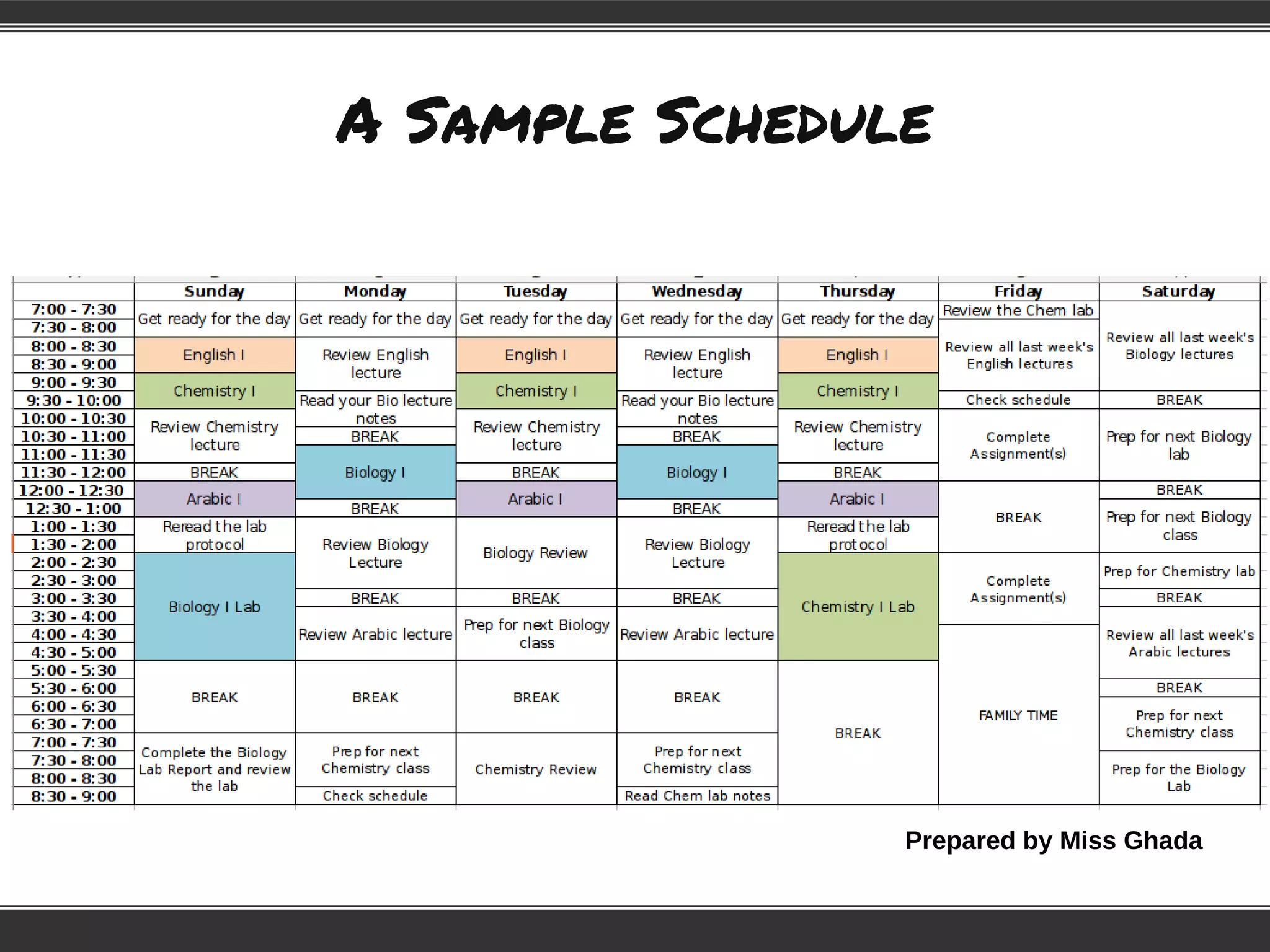 A Sample Schedule
Prepared by Miss Ghada
 