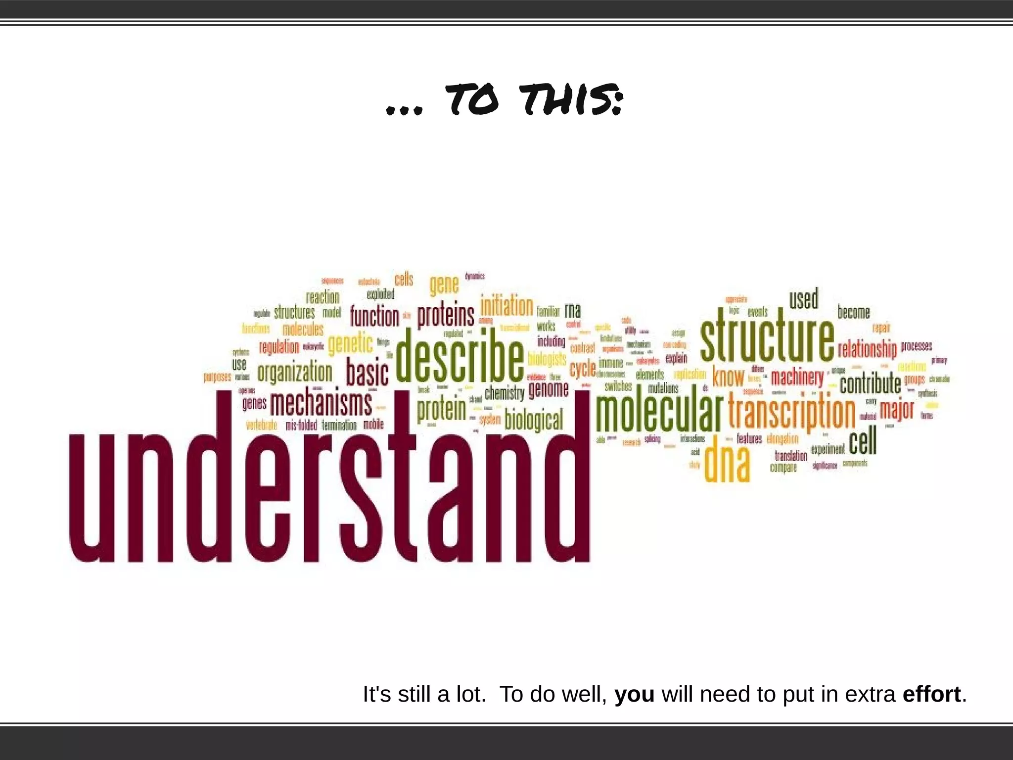 … to this:
It's still a lot. To do well, you will need to put in extra effort.
 