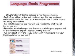 - Structured Study Centre Manager is your language mentor.
-Each of you will get a time slot to discuss your learning needs and
analyse weak areas that need to be improved and how it can be done in
the Study Skills Centre.
-You will also receive a quiz that will help you identify what type of
learner you are.
-Remember knowing how you best learn can maximise your progress and
help you with your English Language Journey at SNT!
-We care about every one of you and we want to make sure that your
English gets better every day!




                                                    SNT International College
                                                                                6
 