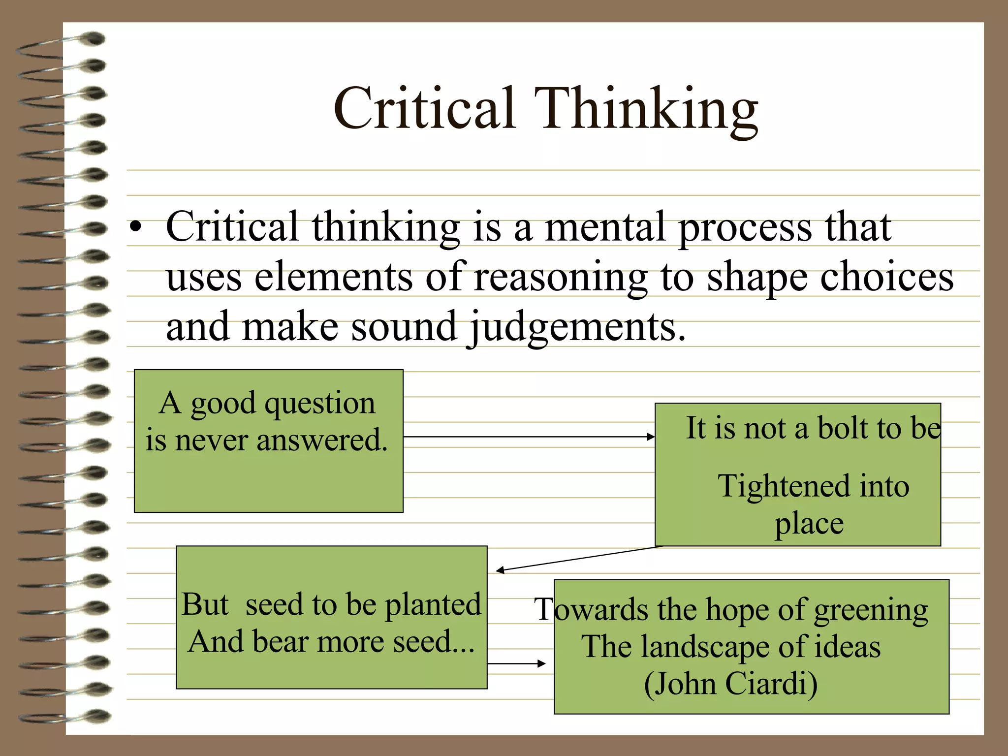 Critical Thinking Critical thinking is a mental process that uses elements of reasoning to shape choices and make sound judgements. A good question is never answered. It is not a bolt to be  Tightened into place  But  seed to be planted And bear more seed... Towards the hope of greening The landscape of ideas (John Ciardi) 