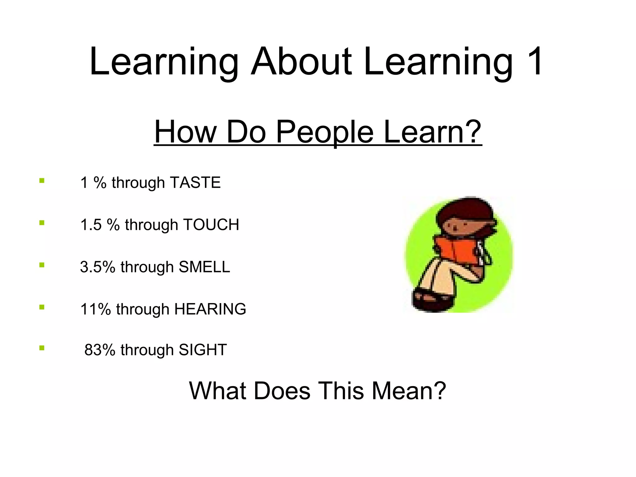 Learning About Learning 1
How Do People Learn?
 1 % through TASTE
 1.5 % through TOUCH
 3.5% through SMELL
 11% through HEARING
 83% through SIGHT
What Does This Mean?
 