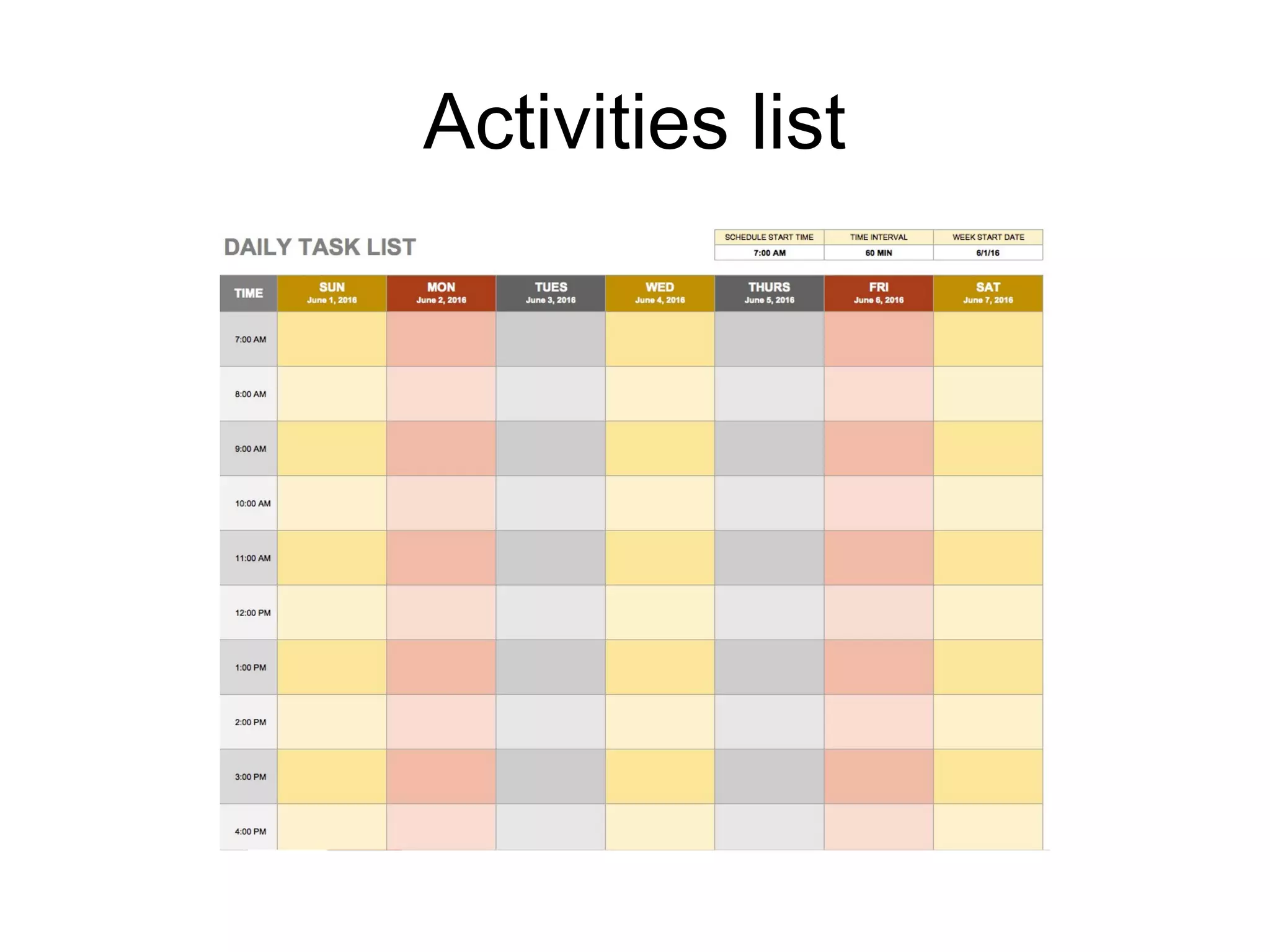 Activities list
 