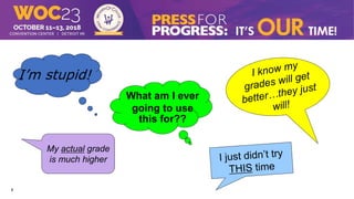 8
What am I ever
going to use
this for??
My actual grade
is much higher
I’m stupid!
 