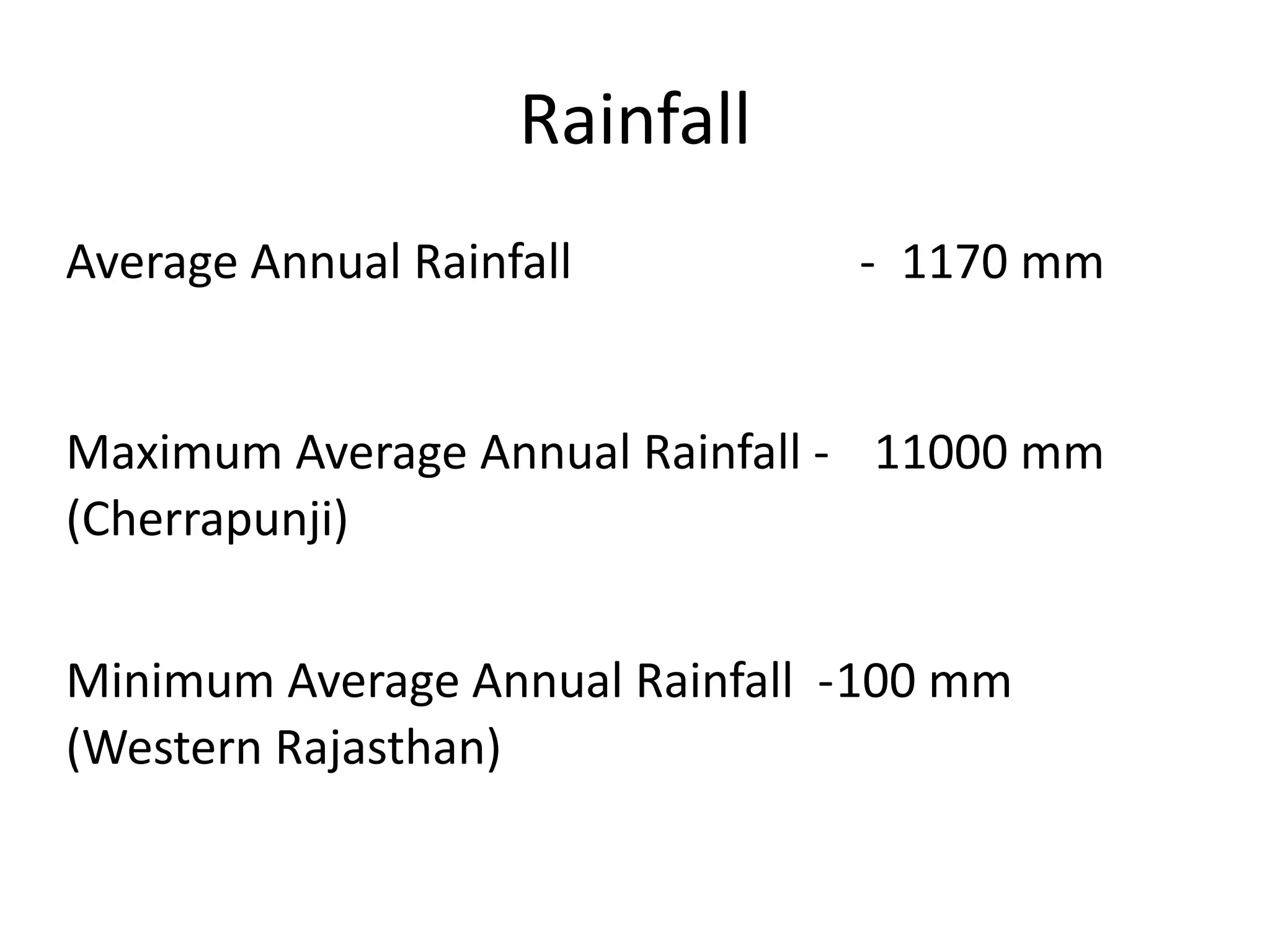 Rainfall
Average Annual Rainfall - 1170 mm
Maximum Average Annual Rainfall - 11000 mm
(Cherrapunji)
Minimum Average Annual Rainfall -100 mm
(Western Rajasthan)
 