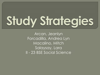 Arcan, Jeanlyn
  Forcadilla, Andrea Lyn
      Macalino, Mitch
       Salaysay, Lara
II - 23 BSE Social Science
 