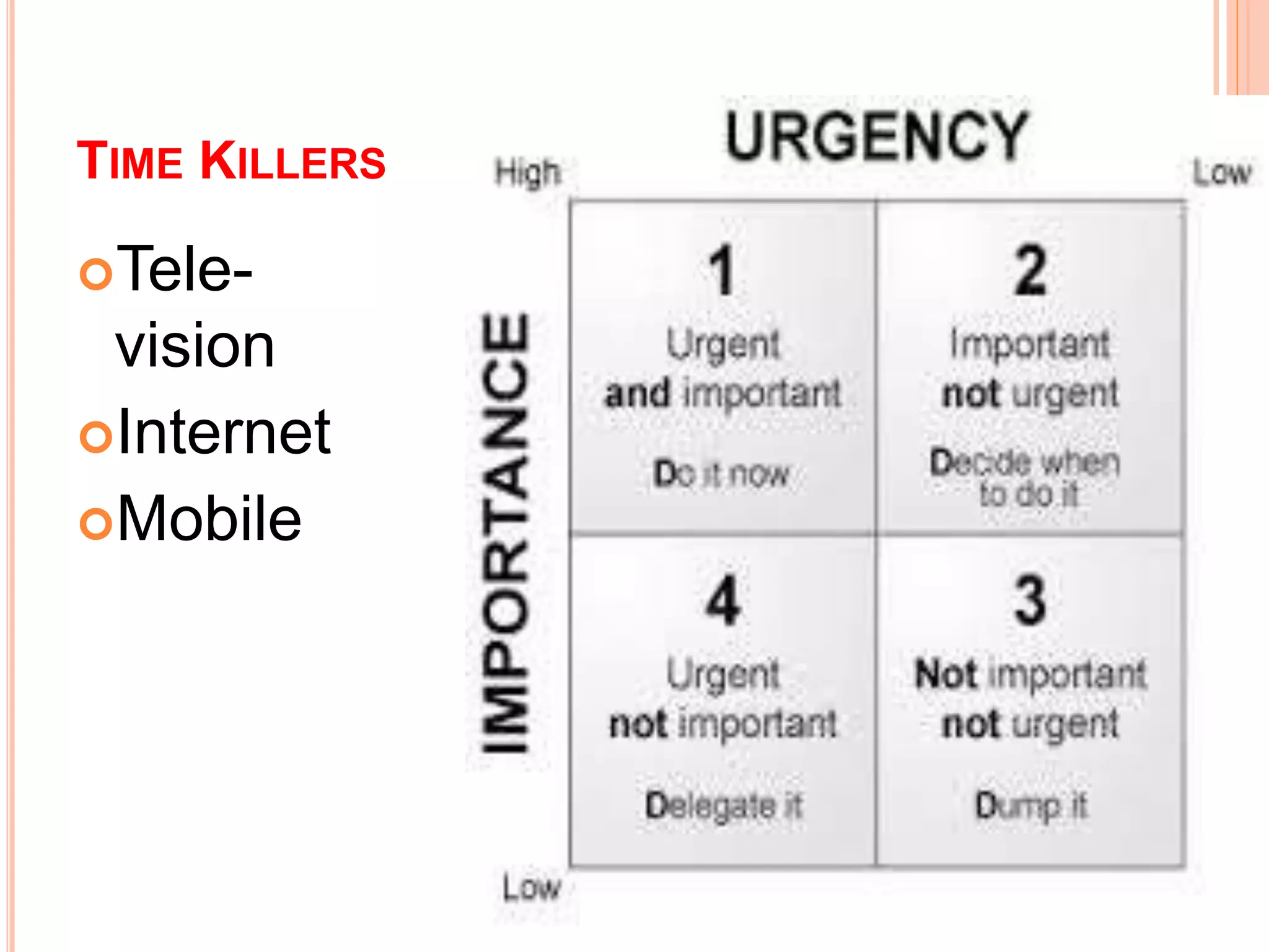 TIME KILLERS 
Tele-vision 
Internet 
Mobile 
 