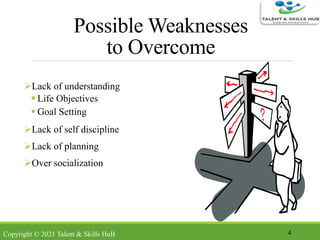 Possible Weaknesses
to Overcome
Lack of understanding
 Life Objectives
 Goal Setting
Lack of self discipline
Lack of planning
Over socialization
4Copyright © 2021 Talent & Skills HuB
 