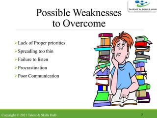 Possible Weaknesses
to Overcome
Lack of Proper priorities
Spreading too thin
Failure to listen
Procrastination
Poor Communication
5Copyright © 2021 Talent & Skills HuB
 