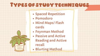 Spaced Repetition
Pomodoro
Mind Maps/ Flash
cards
Feynman Method
Passive and Active
Reading and Active
recall
Blurting Method
Typesofstudytechniques
 