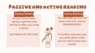 Passiveandactivereading
Passive Reading
As you write notes,
always read the note
before or after you write
it down
Active Reading
JUST READ IN THIS STEP To further retention you
can write down what
you’ve read in your own
words
The next day, go over the
notes and now read to
COMPREHEND
 