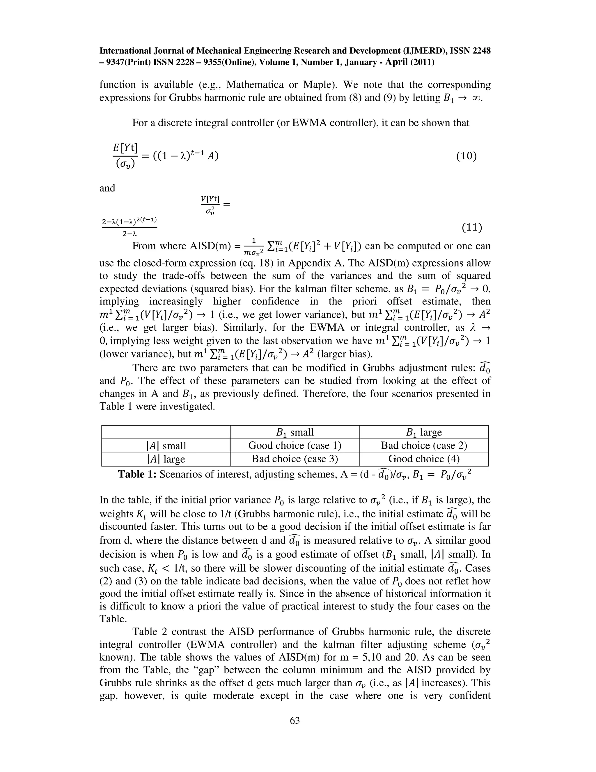International Journal of Mechanical Engineering Research and Development (IJMERD), ISSN 2248
– 9347(Print) ISSN 2228 – 9355(Online), Volume 1, Number 1, January - April (2011)
63
function is available (e.g., Mathematica or Maple). We note that the corresponding
expressions for Grubbs harmonic rule are obtained from (8) and (9) by letting ‫ܤ‬ଵ ՜ ∞.
For a discrete integral controller (or EWMA controller), it can be shown that
‫ܧ‬ሾܻtሿ
ሺߪజሻ
ൌ ሺሺ1 െ λሻ௧ିଵ
‫ܣ‬ሻ ሺ10ሻ
and
௏ሾ௒୲ሿ
ఙഔ
మ ൌ
ଶିλሺଵିλሻమሺ೟షభሻ
ଶିλ
ሺ11ሻ
From where AISD(m) =
ଵ
௠ఙೡ
మ
∑ ሺ‫ܧ‬ሾܻ௜ሿଶ௠
௜ୀଵ ൅ ܸሾܻ௜ሿሻ can be computed or one can
use the closed-form expression (eq. 18) in Appendix A. The AISD(m) expressions allow
to study the trade-offs between the sum of the variances and the sum of squared
expected deviations (squared bias). For the kalman filter scheme, as ‫ܤ‬ଵ ൌ ܲ଴/ߪ௩
ଶ
՜ 0,
implying increasingly higher confidence in the priori offset estimate, then
݉ଵ ∑ ሺܸሾܻ௜ሿ/ߪ௩
ଶ
ሻ௠
௜ ୀ ଵ ՜ 1 (i.e., we get lower variance), but ݉ଵ ∑ ሺ‫ܧ‬ሾܻ௜ሿ/ߪ௩
ଶ
ሻ௠
௜ ୀ ଵ ՜ ‫ܣ‬ଶ
(i.e., we get larger bias). Similarly, for the EWMA or integral controller, as ߣ ՜
0, implying less weight given to the last observation we have ݉ଵ ∑ ሺܸሾܻ௜ሿ/ߪ௩
ଶ
ሻ௠
௜ ୀ ଵ ՜ 1
(lower variance), but ݉ଵ ∑ ሺ‫ܧ‬ሾܻ௜ሿ/ߪ௩
ଶ
ሻ௠
௜ ୀ ଵ ՜ ‫ܣ‬ଶ
(larger bias).
There are two parameters that can be modified in Grubbs adjustment rules: ݀଴
෢
and ܲ଴. The effect of these parameters can be studied from looking at the effect of
changes in A and ‫ܤ‬ଵ, as previously defined. Therefore, the four scenarios presented in
Table 1 were investigated.
‫ܤ‬ଵ small ‫ܤ‬ଵ large
|‫|ܣ‬ small Good choice (case 1) Bad choice (case 2)
|‫|ܣ‬ large Bad choice (case 3) Good choice (4)
Table 1: Scenarios of interest, adjusting schemes, A = (d - ݀଴
෢)/ߪ௩, ‫ܤ‬ଵ ൌ ܲ଴/ߪ௩
ଶ
In the table, if the initial prior variance ܲ଴ is large relative to ߪ௩
ଶ
(i.e., if ‫ܤ‬ଵ is large), the
weights ‫ܭ‬௧ will be close to 1/t (Grubbs harmonic rule), i.e., the initial estimate ݀଴
෢ will be
discounted faster. This turns out to be a good decision if the initial offset estimate is far
from d, where the distance between d and ݀଴
෢ is measured relative to ߪ௩. A similar good
decision is when ܲ଴ is low and ݀଴
෢ is a good estimate of offset (‫ܤ‬ଵ small, |‫|ܣ‬ small). In
such case, ‫ܭ‬௧ ൏ 1/t, so there will be slower discounting of the initial estimate ݀଴
෢. Cases
(2) and (3) on the table indicate bad decisions, when the value of ܲ଴ does not reflet how
good the initial offset estimate really is. Since in the absence of historical information it
is difficult to know a priori the value of practical interest to study the four cases on the
Table.
Table 2 contrast the AISD performance of Grubbs harmonic rule, the discrete
integral controller (EWMA controller) and the kalman filter adjusting scheme (ߪ௩
ଶ
known). The table shows the values of AISD(m) for m = 5,10 and 20. As can be seen
from the Table, the “gap” between the column minimum and the AISD provided by
Grubbs rule shrinks as the offset d gets much larger than ߪ௩ (i.e., as |‫|ܣ‬ increases). This
gap, however, is quite moderate except in the case where one is very confident
 