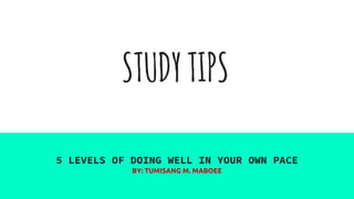 STUDYTIPS
5 LEVELS OF DOING WELL IN YOUR OWN PACE
BY: TUMISANG M. MABOEE
 