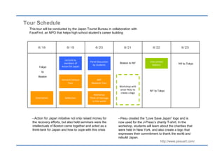 Tour Schedule
  This tour will be conducted by the Japan Tourist Bureau in collaboration with
  FaceFind, an NPO that helps high school student’s career building.



        8/18                 8/19                 8/20               8/21                8/22                8/23



                           Lecture by
                                              Panel Discussion                         Visit United
                           members of                             Boston to NY                             NY to Tokyo
                                                by students                              Nations
         Tokyo           Action for Japan

           to
        Boston
                         Harvard Campus            MIT
                              Tour             Museum Tour
                                                                  Workshop with
                                                                  artist PESU to       NY to Tokyo
                                                                   create a logo
                                                 Workshop
      Orientation           Reflection        Think of message
                                                to the world




    - Action for Japan initiative not only raised money for      - Pesu created the “Love Save Japan” logo and is
    the recovery efforts, but also held seminars were the        now used for the J-Press’s charity T-shirt. In the
    intellectuals of Boston came together and acted as a         workshop, students will learn about the charities that
    think-tank for Japan and how to cope with this crisis        were held in New York, and also create a logo that
                                                                 expresses their commitment to thank the world and
                                                                 rebuild Japan.
                                                                                               http://www.pesuart.com/
 